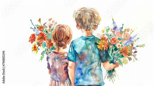 Whimsical Children Holding Flowers on White Background Generative AI