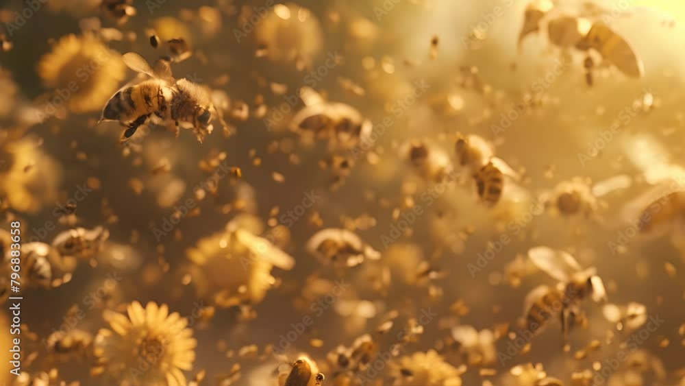 A swarm of bees flying in the air. The bees are in various positions and sizes, and they are all moving in different directions. The scene is chaotic and busy, with the bees filling the entire frame A swarm of bees flying in the air. The bees are in various positions and sizes, and they are all moving in different directions. The scene is chaotic and busy, with the bees filling the entire frame