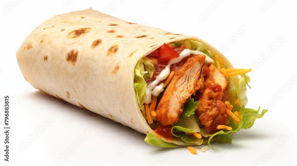 taco mexican tortilla wrap with chicken isolated on white background. taco mexican tortilla wrap with chicken isolated on white background.