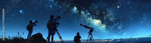 Space tech enthusiasts at a summer camp, using high orbit telescopes to study celestial bodies and discussing the future of Mars colonization under a starry summer night sky