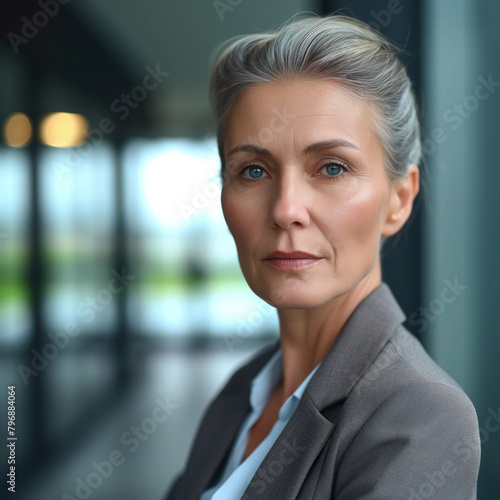 Portrait of a middle-aged German lady in the office. Square image photo