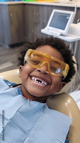 joyful child sitting in a dental chair wearing safety glasses at a dentist appointment