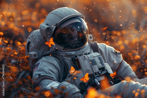 An intricate portrayal of an astronaut laying in a bed of flowers, immersed in a swarm of butterflies