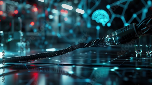 Tight shot of an AI brain interface cable, neural network animations in the background, dark, detailed lab