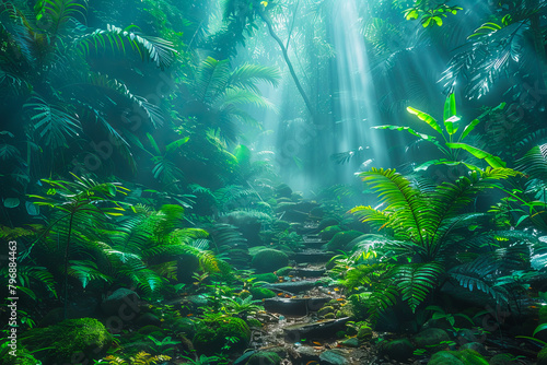 Mystical path to hidden waterfall in amazon rainforest