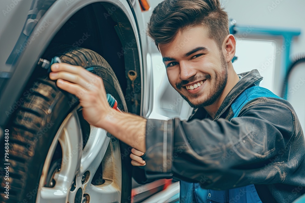 A smiling car mechanic installs a new wheel on the car. The work of the car service. A smiling car mechanic installs a new wheel on the car. The work of the car service.