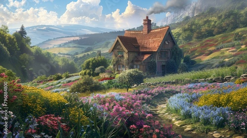 A picturesque cottage nestled amidst rolling hills, with a wisp of smoke curling from its chimney and a vibrant garden of flowers in full bloom
