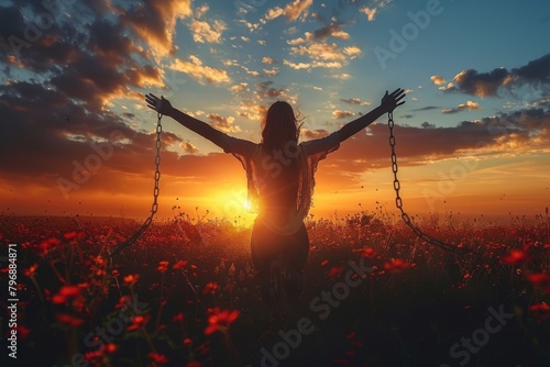 Capturing a peaceful moment, a woman with arms spread open faces a beautiful sunset, surrounded by a sea of red flowers photo