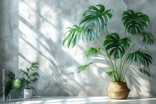 Sunlight filters through large green leaves casting soft shadows on a rough white wall, providing a contrast between nature and design