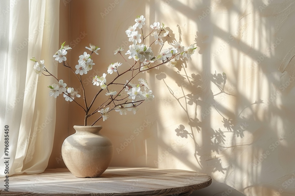 Delicate spring blossoms in a pottery vase casting soft shadows in warm natural light Delicate spring blossoms in a pottery vase casting soft shadows in warm natural light