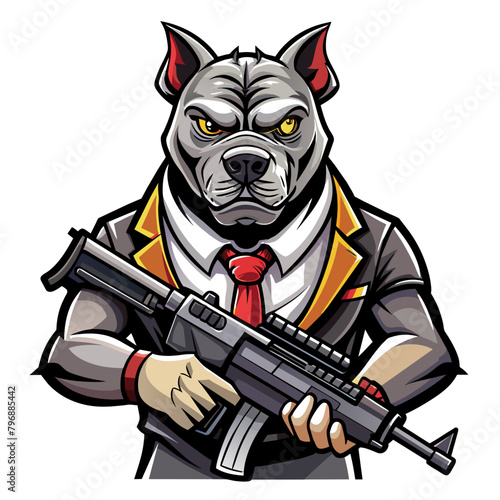 Stylized Pitbull Dog holding a submachine gun, exuding a sense of power and readiness