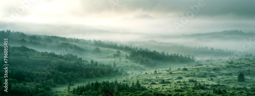 Green landscape of foggy forest © AlenKadr