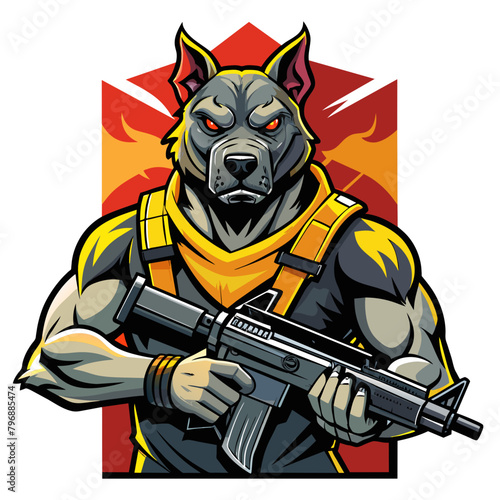 Stylized Pitbull Dog holding a submachine gun, exuding a sense of power and readiness