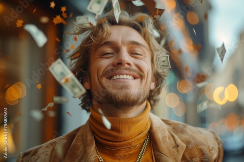 Vibrant shot of a man ecstatically smiling as money flutters around him in a joyful moment of abundance photo