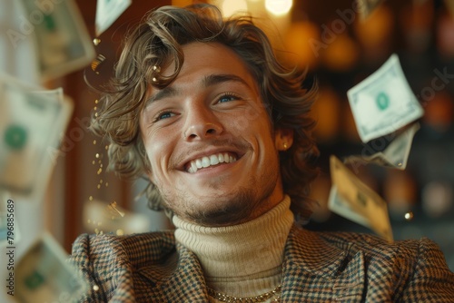 A joyful young man with a beaming smile as money bills rain down around him, capturing a moment of financial triumph or windfall photo