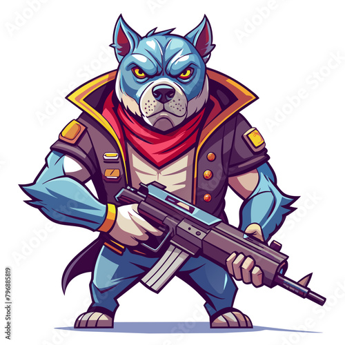 Stylized Pitbull Dog holding a submachine gun, exuding a sense of power and readiness