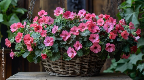 Marvel at the captivating beauty of Pelargonium peltatum with an image that highlights the plant's lush foliage and vibrant blooms cascading from a hanging basket or trailing gracefully over 