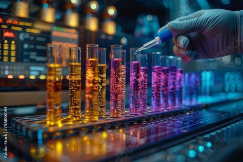 Vibrant yellow and pink liquids in glass test tubes being analyzed by a scientist in a futuristic laboratory setting