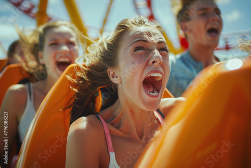 Group of American teenage friends screaming and exciting on the roller coaster in the amusement park background. Fiends enjoying rollercoaster during summer time.