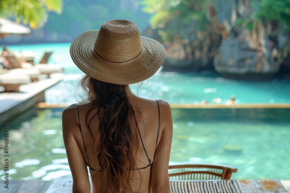 A woman in a straw hat is seen from behind, overlooking a serene pool with striking limestone cliffs in the background