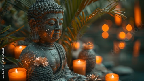 Create an oasis of peace and tranquility with a wellness concept featuring a statue of Buddha surrounded by the soft glow of burning candles, setting the stage for a serene spa experience.  © Алексей Василюк