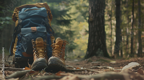 Hiking equipment in forest. Backpack and leather ankle boots. Panoramic view with copy space. Creative layout with a backpack and leather boots. Adventures in the wild. photo