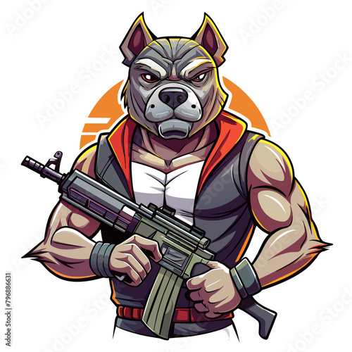 Stylized Pitbull Dog holding a submachine gun, exuding a sense of power and readiness