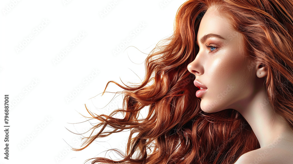 Beautiful profile portrait of woman with long and shiny wavy hair . Beauty model girl with curly hairstyle. Fashion, cosmetics, hair care and makeup design with copy space area. Banner, product design Beautiful profile portrait of woman with long and shiny wavy hair . Beauty model girl with curly hairstyle. Fashion, cosmetics, hair care and makeup design with copy space area. Banner, product design