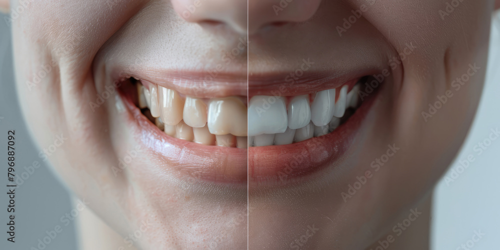 Fototapeta premium Close-up photo before and after whitening treatment or dental veneers procedure on teeth