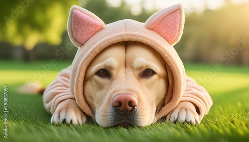Cachorro vestindo onesie deitado em gramado