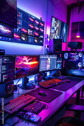A photo of a purple and black gaming room