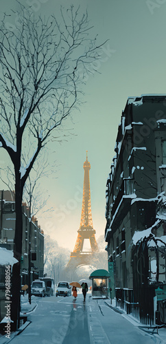 City During The Winter Season With Snow Falling, The Eiffel Tower In The Back, Perspective View, Cartoon Illustration, Manga Concept #796888056