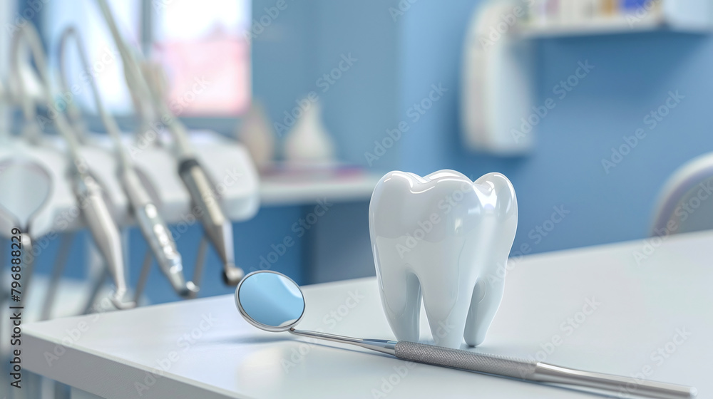Big tooth and dentist mirror in dentist clinic in the background. Dental health concept Big tooth and dentist mirror in dentist clinic in the background. Dental health concept