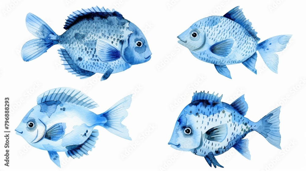 Vibrant Blue Fishes on White Background Generative AI