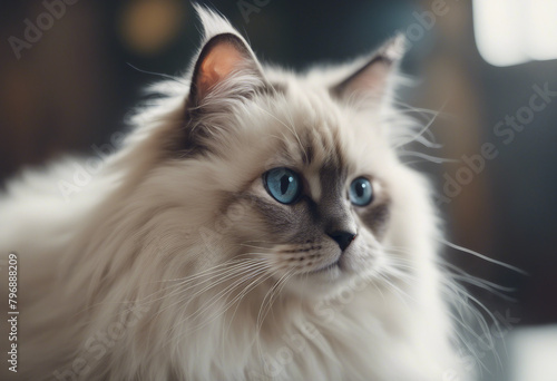 Cute fluffy portrait kitty Cat Ragdoll looking at camera isolated on clear background funny moment p