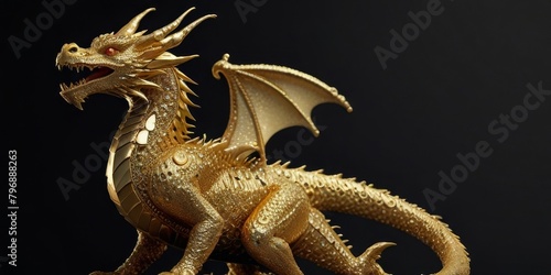 sparkling gold dragon from pile of gold glitter black background.