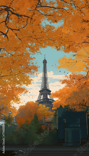 City During The Autumn Season With Tree With Orange Leaves, Eiffel Tower In The Back, Perspective View, Cartoon Illustration, Manga Concept