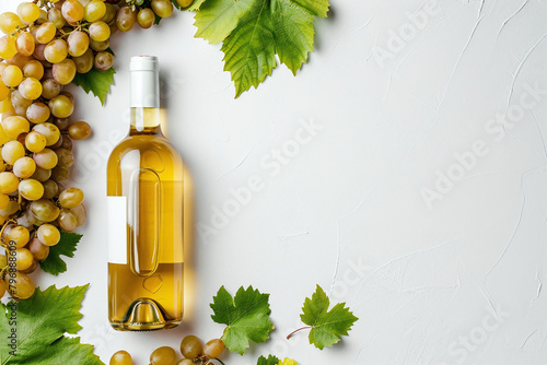 Unopened bottle of white wine with blank label, empty wineglass & bunches of different grapes on white background. Expensive bottle of chardonnay concept. Copy space, top view, flat lay photo