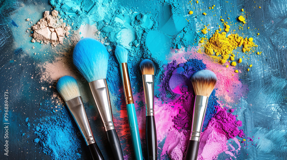 Fototapeta premium Make-up brushes with colorful powder explosion isolated on colored background banner with copy space area