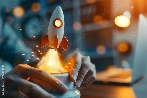 Entrepreneur launches rocket symbolizing rapid growth and success in startup business. Concept Startup Success, Entrepreneurship, Rocket Launch, Business Growth, Symbolic Imagery photo