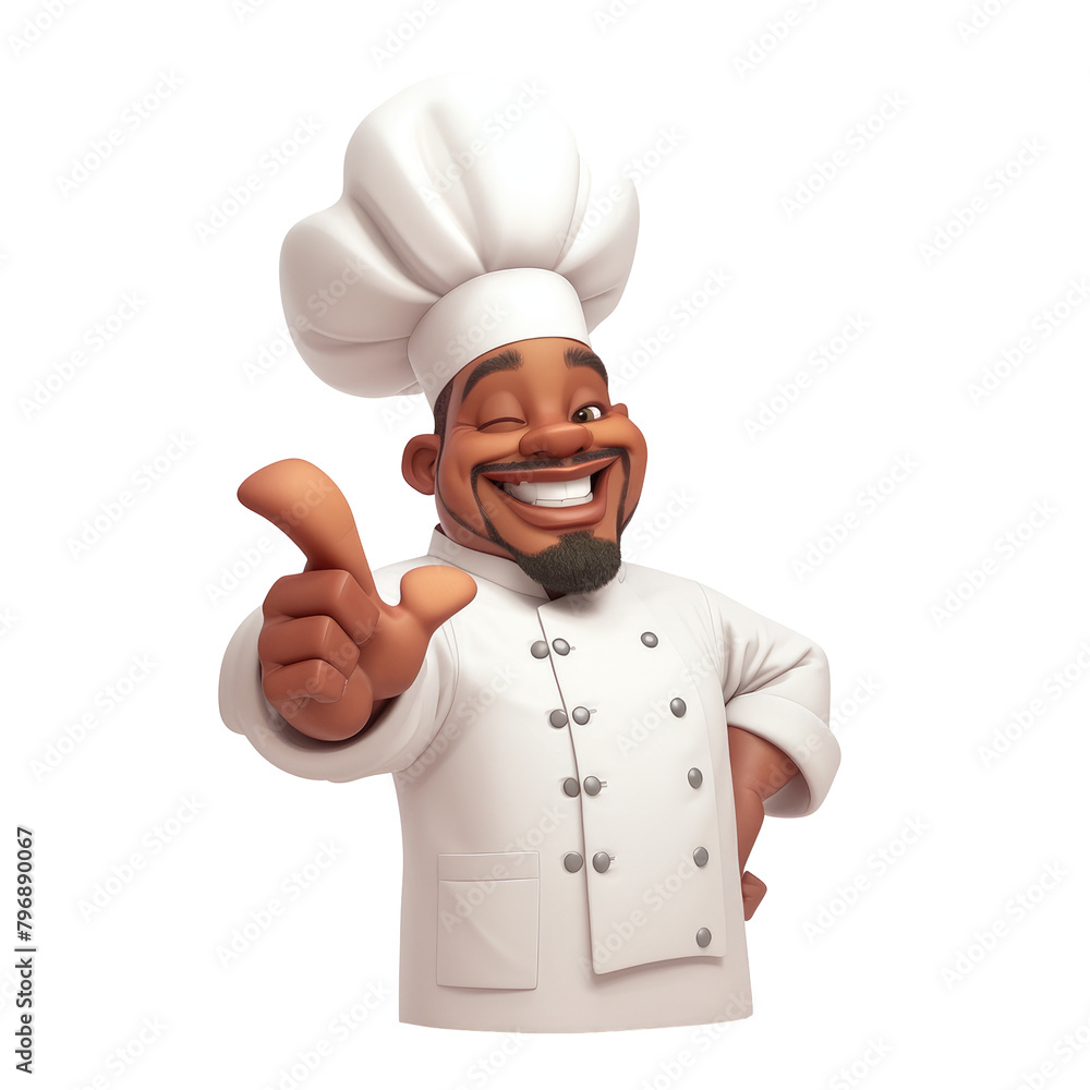 An African American chef cartoon character exudes joy and confidence standing against a crisp white studio background This culinary professional embodies expertise in the food industry showca An African American chef cartoon character exudes joy and confidence standing against a crisp white studio background This culinary professional embodies expertise in the food industry showca