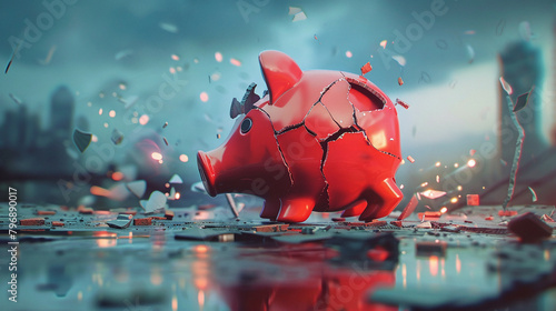 Financial crisis, picture of a exploding broken piggy bank depicting bankruptcy, loss of investment and the economic stress of economy