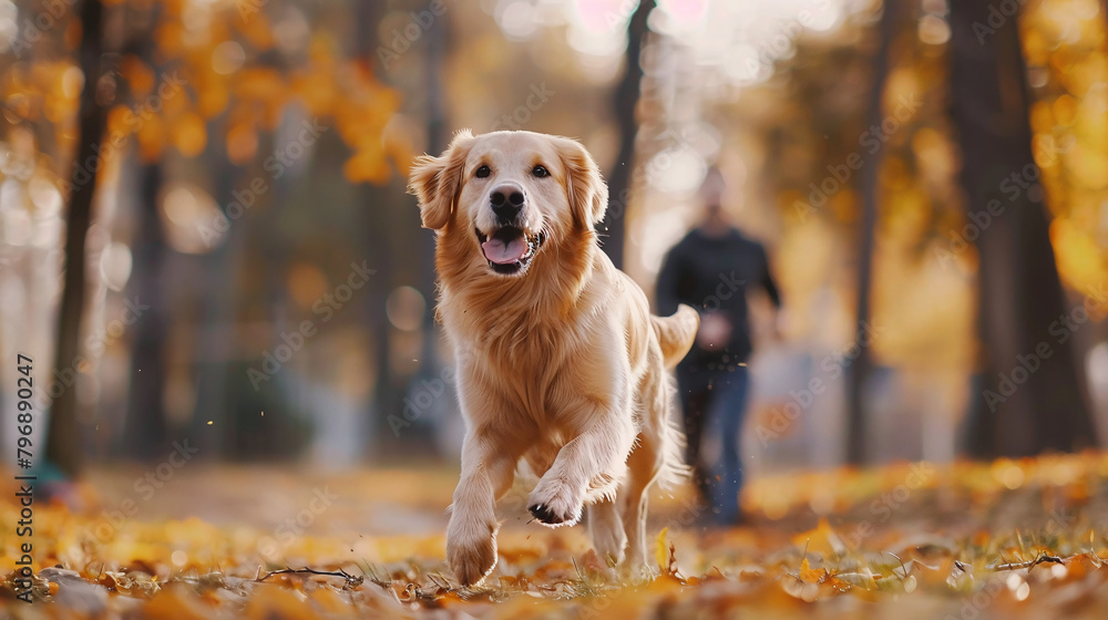 A joyful golden retriever playing with young man in behind and running through a park in the autumn day. 