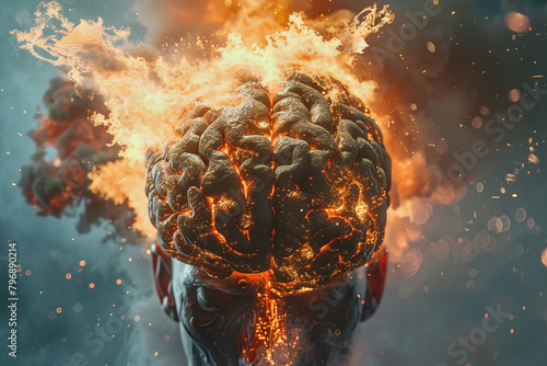 Brain on fire. Brain explosion with fire, sparks and smoke. Concept of degenerative cognitive brain diseases. Treatment of brain powers. Migraine, headache. photo