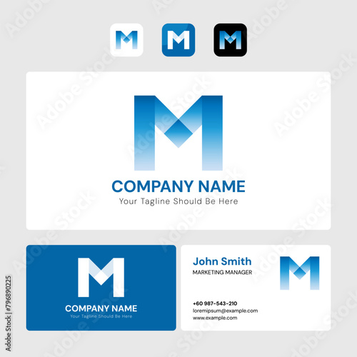 Letter M logo design for corporate identity and business company in modern geometric gradient style concept with professional business card template and app icon set