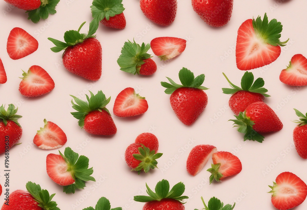 Strawberry with half slices falling or floating in the air with green leaves isolated on background Strawberry with half slices falling or floating in the air with green leaves isolated on background