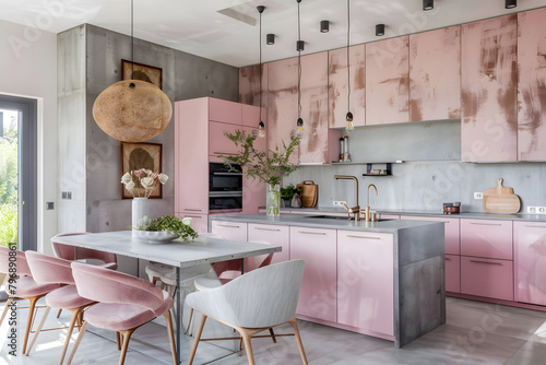 Contemporary modern kitchen interior in shady rose pink colors and concrete details.