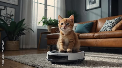 Cute funny cat, robot vacuum cleaner at home

 photo