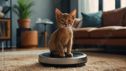 Cute funny cat, robot vacuum cleaner at home

 photo