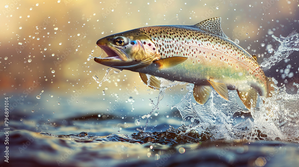 Close up of rainbow trout jumping out of the water with a splash. Close up of rainbow trout jumping out of the water with a splash.